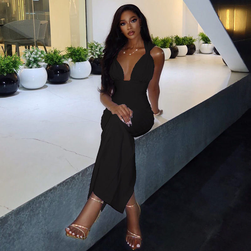 Women Solid Casual Pleated Wrap-around V-neck Halter Neck Bodycon Dress