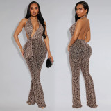 Fashion Women's Sexy Leopard Print Halter Neck Jumpsuit
