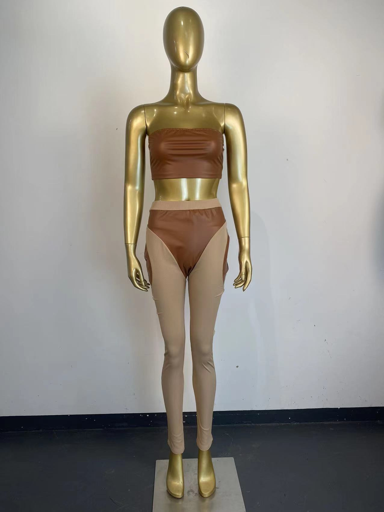 Women Sexy Colorblock Pu Leather Patchwork Strapless Top and Pants Two-Piece Set