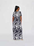 Women Casual Printed Black and White Short-Sleeve Round Neck Maxi Dress