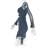Women Cutout Pleated U-Neck Long Sleeve Solid Bodycon dress