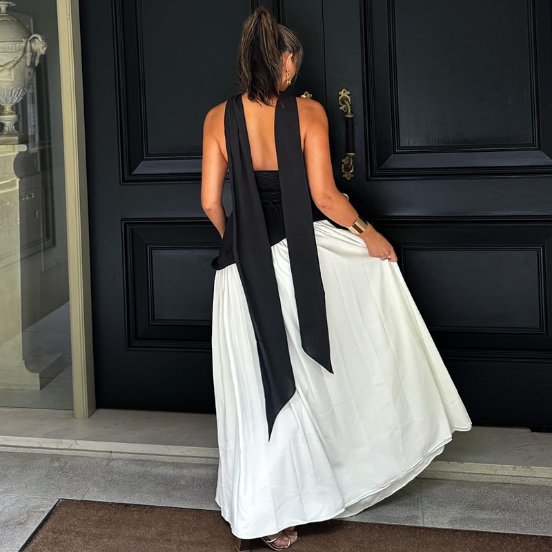 Women Black and White Contrast Color Slit Irregular Pleated Off-Shoulder Strapless Backless Dress