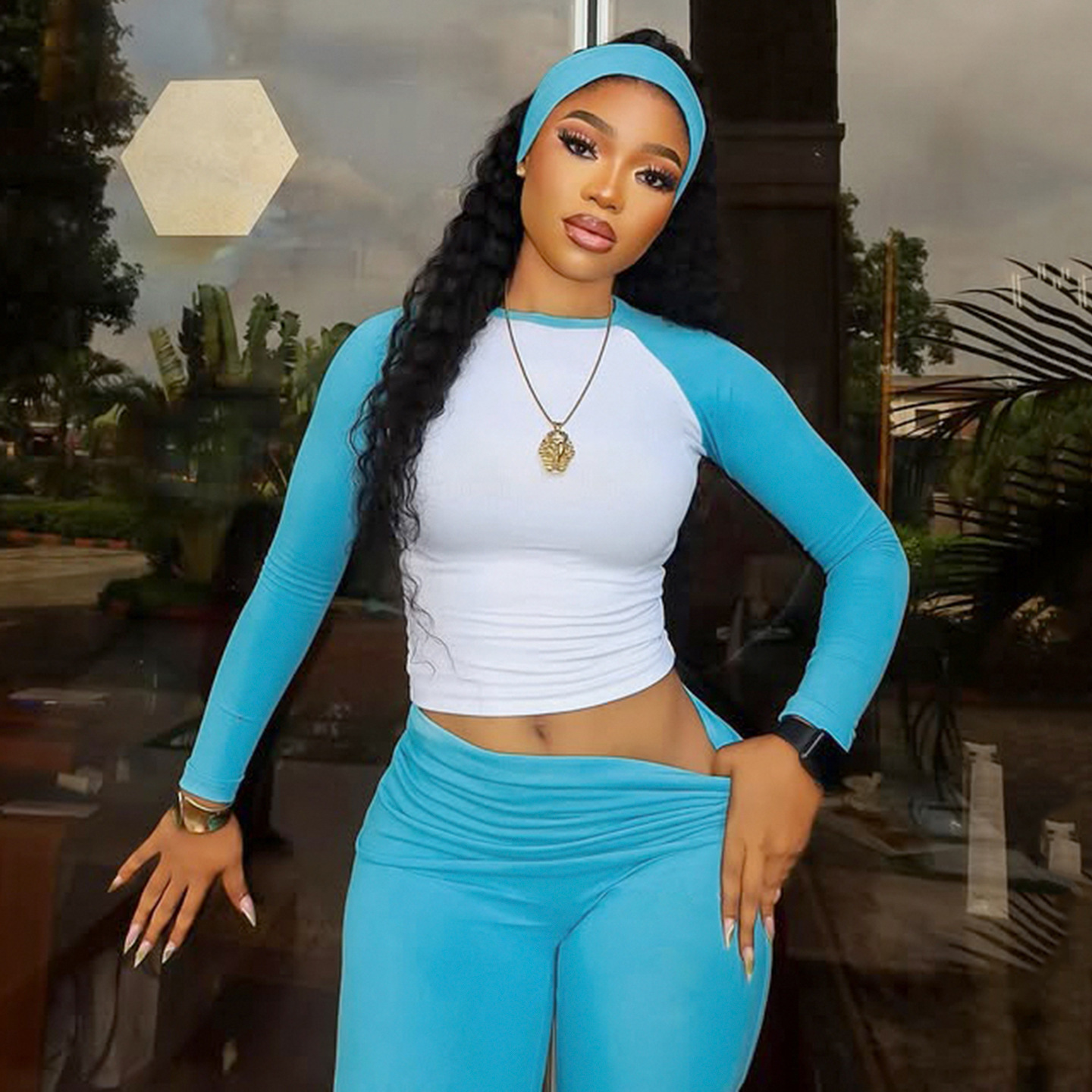 American Casual Sport Color Block Long Sleeve T-Shirt & Fold-Waist Pants Gym Three-Piece Set
