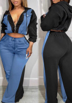 Women Sporty Casual Denim Contrast Zippered Jacket and Wide-Leg Pants Two-Piece Set Women Sporty Casual Denim Contrast Zippered Jacket and Wide-Leg Pants Two-Piece Set