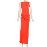 Women Fall Solid Metallic Sleeveless Sexy Slit Dress