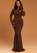 Women Solid Pleated One-Shoulder Lace-Up Cutout Round Neck Bodycon Dress