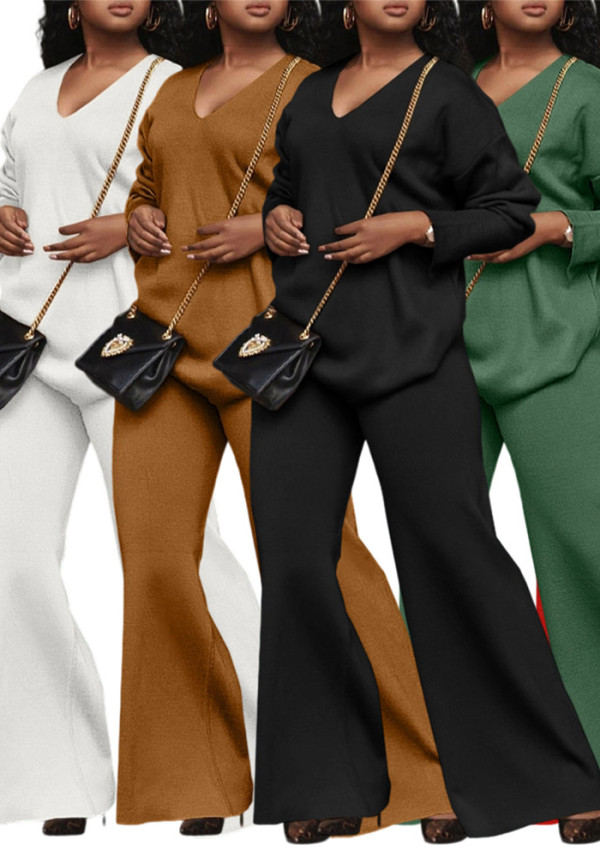 Women Solid Long-Sleeved Slit Two-Piece Set