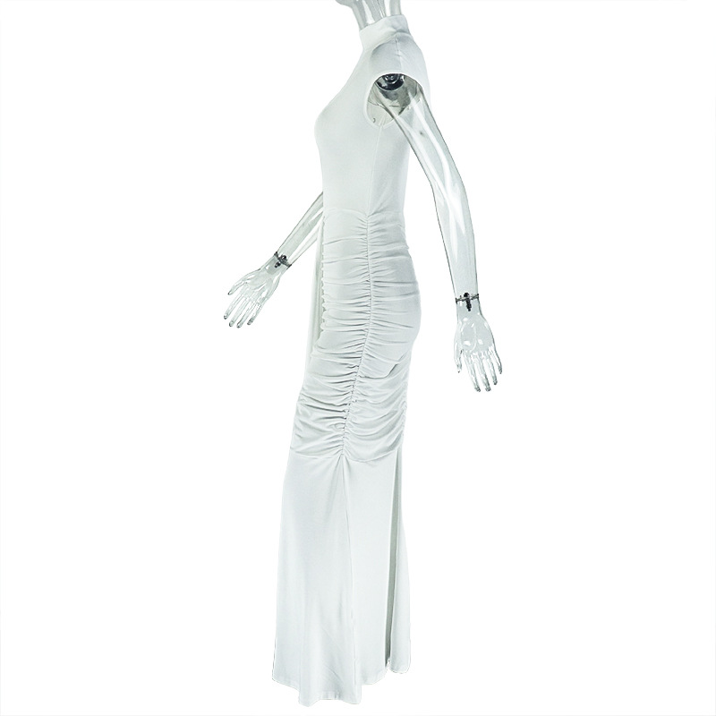 Women Solid Pleated Elegant Fishtail Stand Collar Sleeveless Bodycon Dress