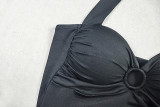 Women Solid Lace-Up Backless Pleated Halter Neck Bodycon Dress