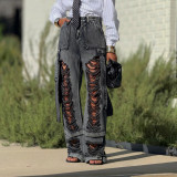Hip Hop Street Ripped Ribbon Cargo Denim Pants