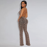 Fashion Women's Sexy Leopard Print Halter Neck Jumpsuit