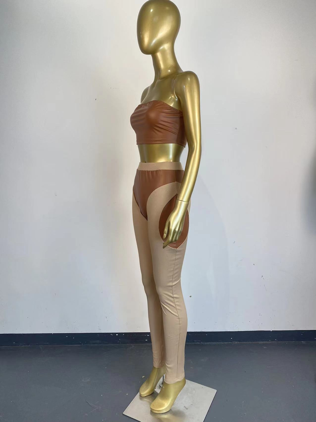 Women Sexy Colorblock Pu Leather Patchwork Strapless Top and Pants Two-Piece Set