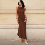 Women Fall Solid Metallic Sleeveless Sexy Slit Dress