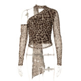 Women's Leopard Print Slash Shoulder Long Sleeve Ribbon Slim Fit T-Shirt Top