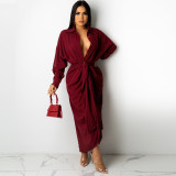 Women Sexy Lace-Up Buttoned Long-Sleeved Dress