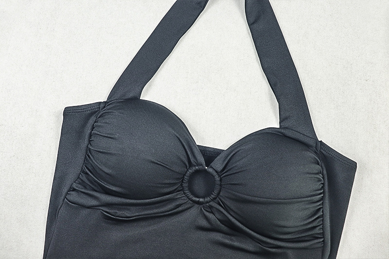 Women Solid Lace-Up Backless Pleated Halter Neck Bodycon Dress