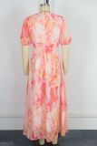 Women Holiday Chiffon V-Neck Short-Sleeve Zippered Print Dress