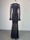 Women Elegant Half High Neck Lace Long Sleeve Bodycon Dress