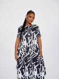 Women Casual Printed Black and White Short-Sleeve Round Neck Maxi Dress