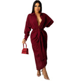 Women Sexy Lace-Up Buttoned Long-Sleeved Dress