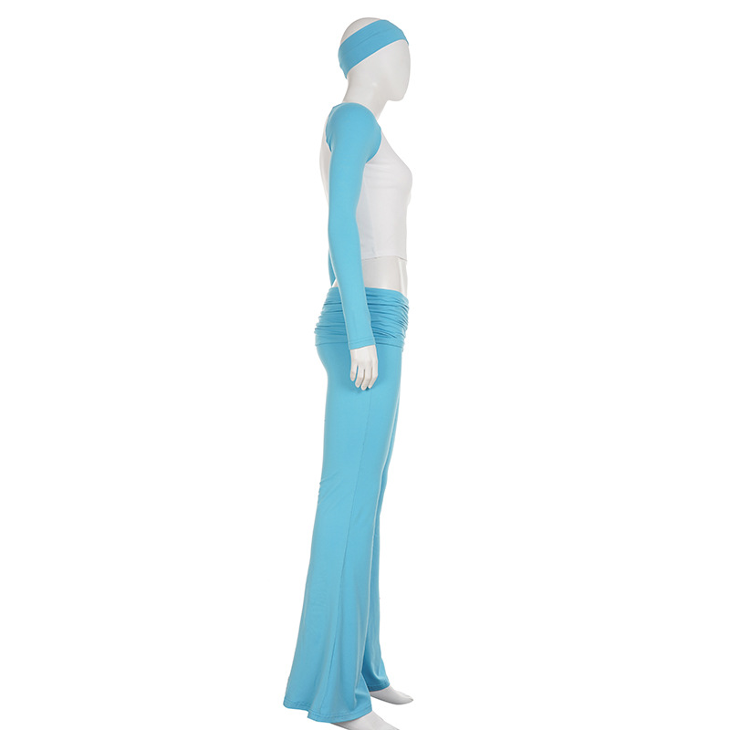 American Casual Sport Color Block Long Sleeve T-Shirt & Fold-Waist Pants Gym Three-Piece Set