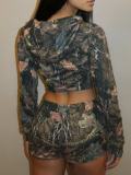 Women Sexy Printed Long-Sleeved Hooded Top and Shorts Two-Piece Set