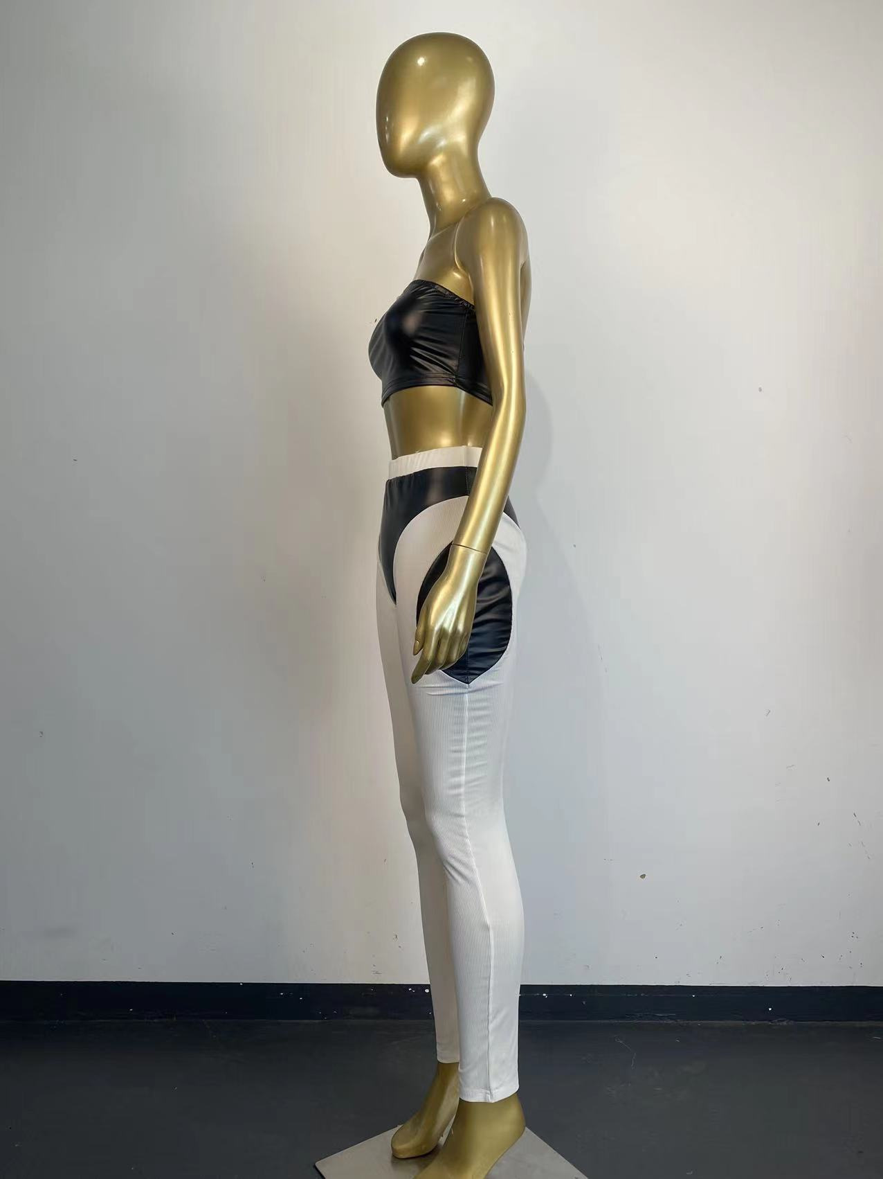 Women Sexy Colorblock Pu Leather Patchwork Strapless Top and Pants Two-Piece Set