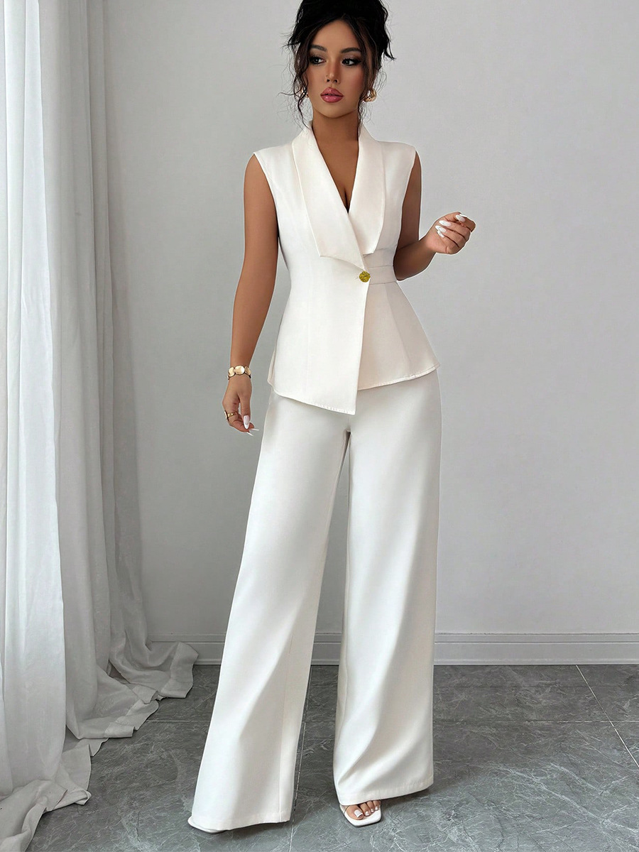 Women autumn elegant solid vest and trousers two-piece set
