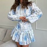 Women summer blue and white printed stand-collar puff sleeve long-sleeved ruffle dress