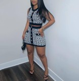 Women Round Neck Sleeveless Geometric Pattern Top and Skirt Two-Piece Set