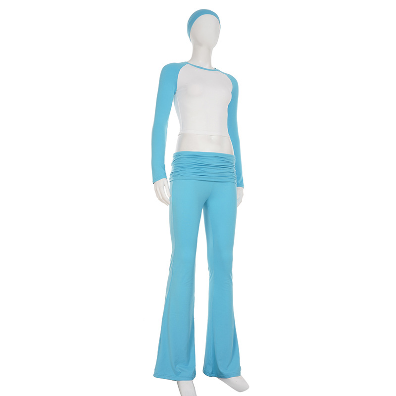 American Casual Sport Color Block Long Sleeve T-Shirt & Fold-Waist Pants Gym Three-Piece Set