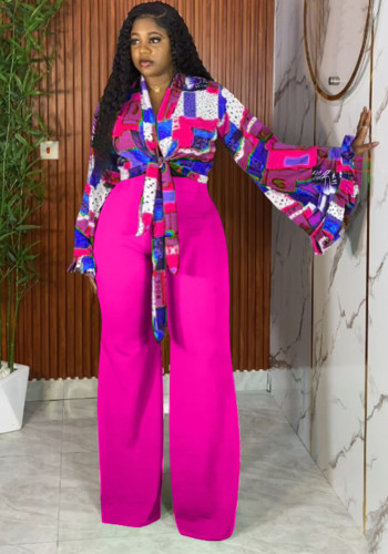 Plus-Size Women Fall Printed Bell Bottom-Sleeve Top and Wide-Leg Pants Two-Piece Set