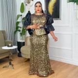 Plus Size Women's Autumn Sequin Mermaid Dress High Waist Party Evening Gown