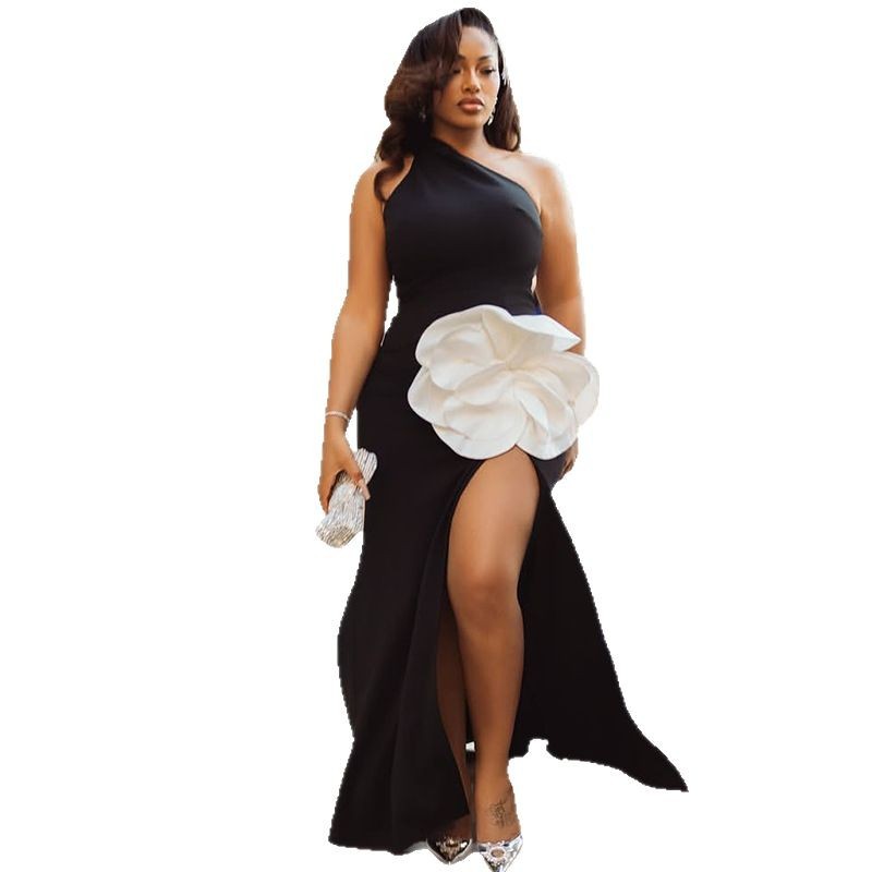 Women Black and White Patchwork Backless Slash Shoulder Sleeveless Bodycon Dress