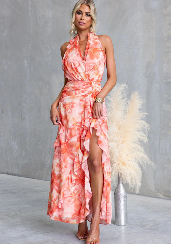 Women Printed Sexy V-Neck Backless Halter Neck Patchwork Ruffle Edge Dress
