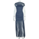 Women Solid Patchwork Sleeveless Turtleneck Pleated Bodycon Dress