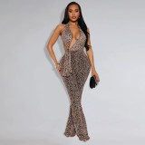 Fashion Women's Sexy Leopard Print Halter Neck Jumpsuit