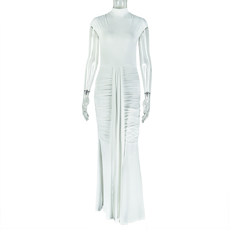 Women Solid Pleated Elegant Fishtail Stand Collar Sleeveless Bodycon Dress