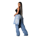 Women Casual Fashion Stretchy Apron Denim Ripped Pant