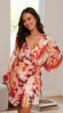 Autumn V-Neck Chiffon Tie-Waist Long Sleeve Print Slim Short Dress