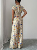 Women autumn printed short-sleeved wide-leg jumpsuit