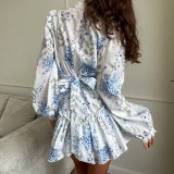 Women summer blue and white printed stand-collar puff sleeve long-sleeved ruffle dress