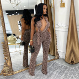 Fashion Women's Sexy Leopard Print Halter Neck Jumpsuit