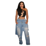 Women Casual Fashion Stretchy Apron Denim Ripped Pant