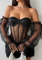 Women Fall Lace-Up See-Through Off-Shoulder Bell Bottom Sleeve Top