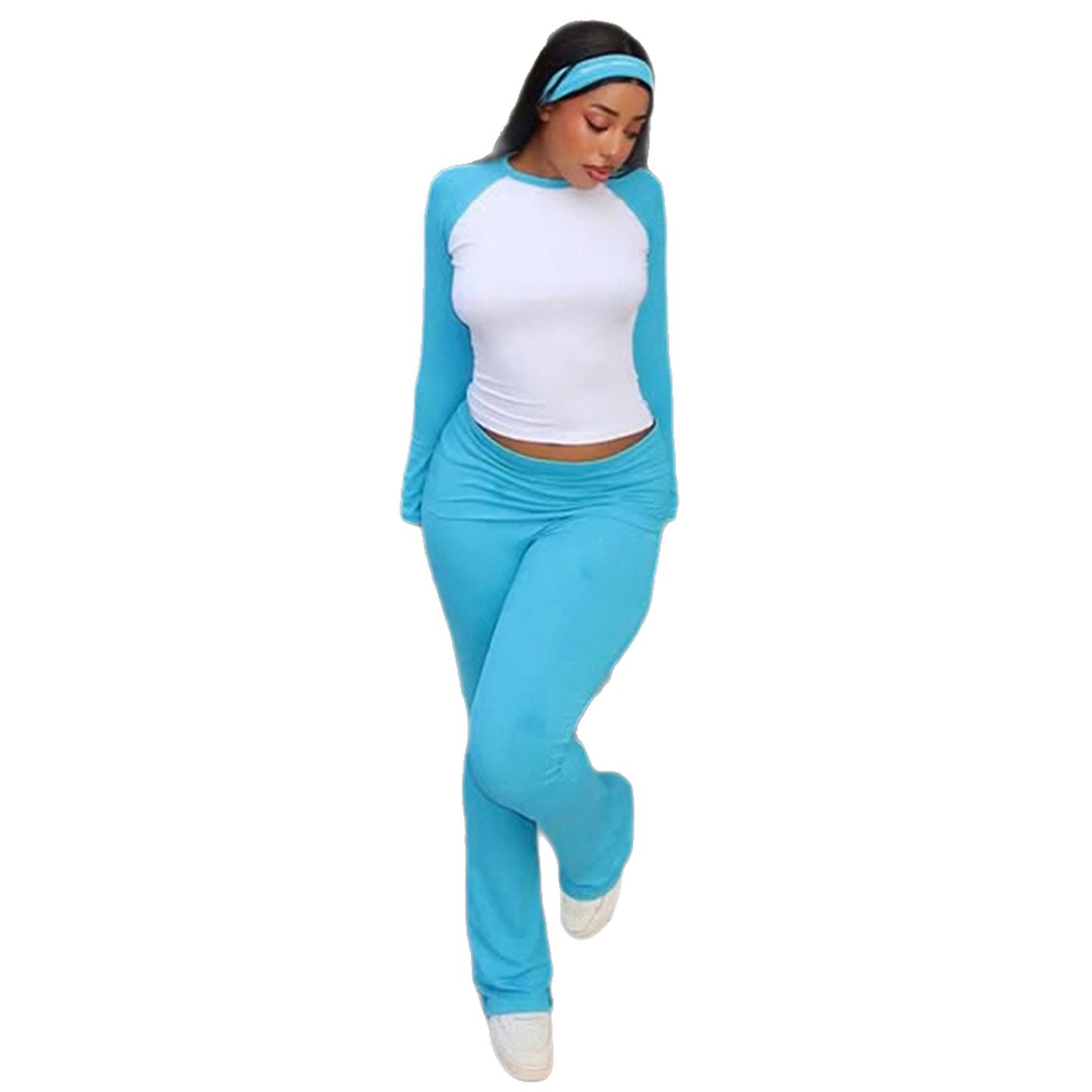 American Casual Sport Color Block Long Sleeve T-Shirt & Fold-Waist Pants Gym Three-Piece Set