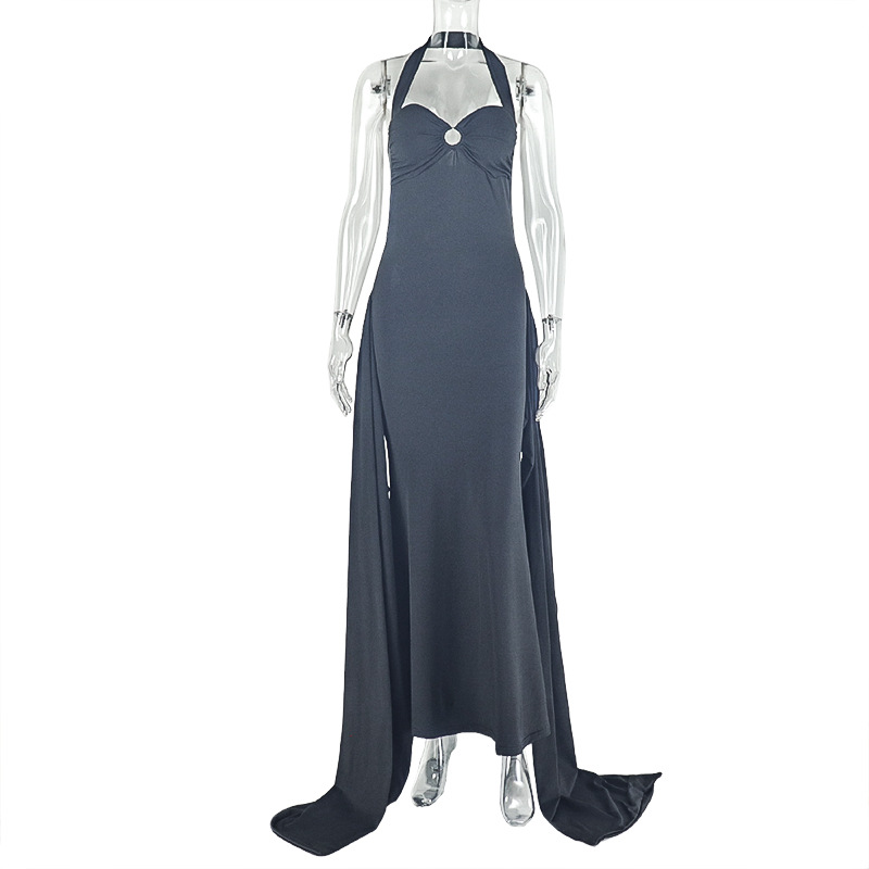 Women Solid Lace-Up Backless Pleated Halter Neck Bodycon Dress