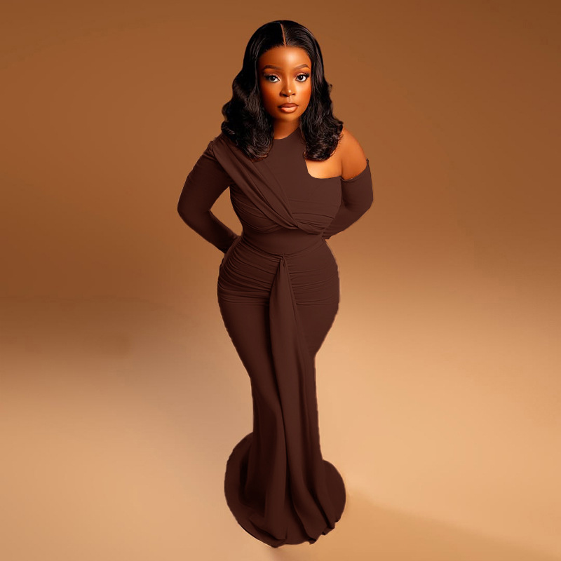 Women Solid Pleated One-Shoulder Lace-Up Cutout Round Neck Bodycon Dress