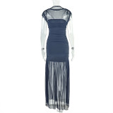 Women Solid Patchwork Sleeveless Turtleneck Pleated Bodycon Dress