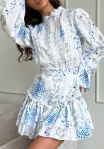 Women summer blue and white printed stand-collar puff sleeve long-sleeved ruffle dress Women summer blue and white printed stand-collar puff sleeve long-sleeved ruffle dress